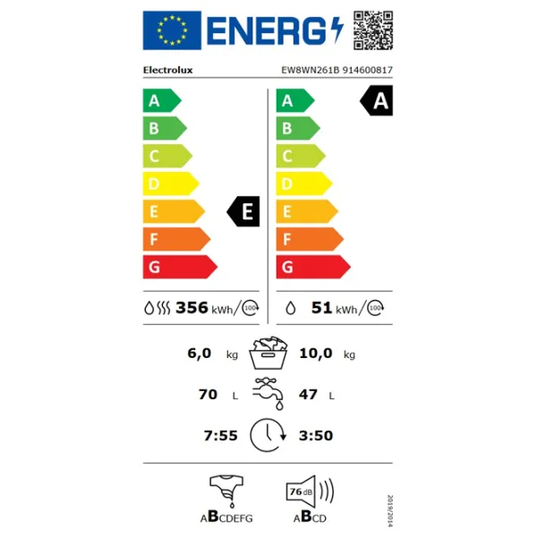 Mașină de spălat cu uscător Electrolux EW8WN261B 10 kg / 1600 rpm / White photo 7