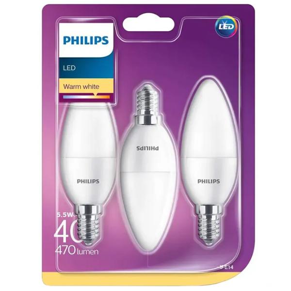 Комплект лампочек светодиодная Philips B35 929001253695 E14/ 5.5 Вт/ 2700 K/ 470лм/ White photo 2
