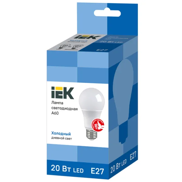 Лампочка светодиодная IEK A60 1515118 E27/ 20 Вт/ 6500 К/ 1800лм/ White photo 2 Лампочка светодиодная IEK A60 1515118 E27/ 20 Вт/ 6500 К/ 1800лм/ White photo 2
