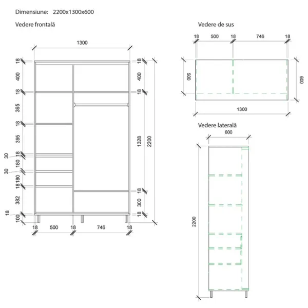 Dulap pentru haine Glisant Mobildor-Lux Aron P 1300 K2 8681 130 x 60 x 220 / PAL melaminat / Alb briliant photo 8