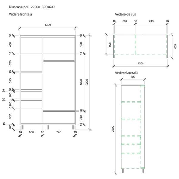 Dulap pentru haine Glisant Mobildor-Lux ARON P 1300 2226 Desen 130 x 60 x 220 / PAL / Wenghe photo 7