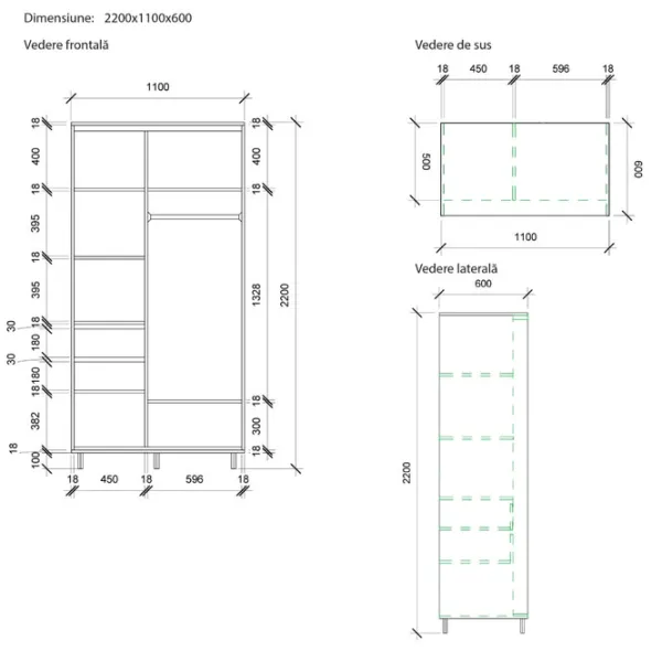 Dulap pentru haine Glisant Mobildor-Lux ARON 1100 K1 8681 110 x 60 x 220 / PAL / Alb briliant photo 7
