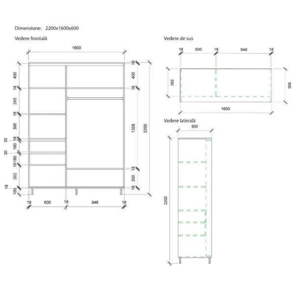 Dulap pentru haine Glisant Mobildor-Lux ARON 1600 K1 8681 160 x 60 x 220 / PAL / Alb briliant photo 7