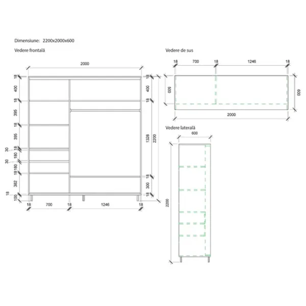 Dulap pentru haine Glisant Mobildor-Lux ARON 2000 K1 8681 200 x 60 x 220 / PAL / Alb briliant photo 7