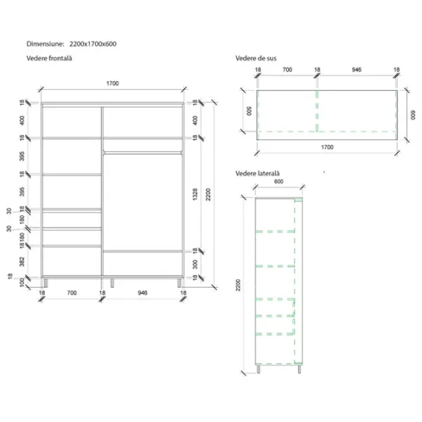 Dulap pentru haine Glisant Mobildor-Lux ARON 1700 K1 2226 170 x 60 x 220 / PAL / Wenghe photo 7