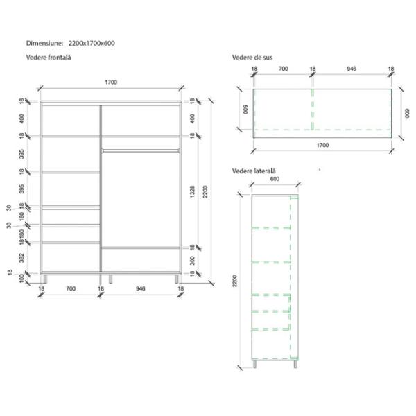Dulap pentru haine Glisant Mobildor-Lux ARON 1700 K1 2226 170 x 60 x 220 / PAL / Wenghe photo 7