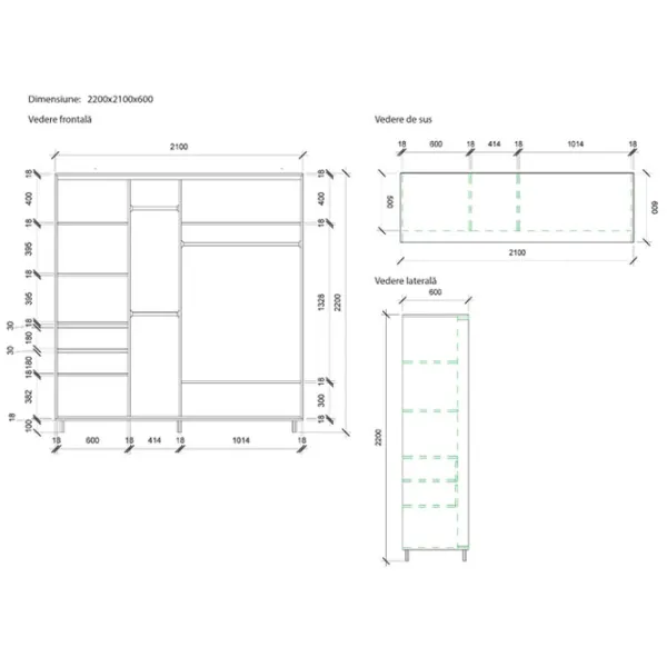 Dulap pentru haine Glisant Mobildor-Lux ARON 2100 K2 8681 210 x 60 x 220 / PAL / Alb briliant photo 7