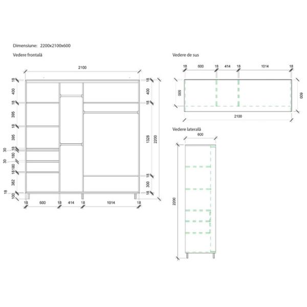 Dulap pentru haine Glisant Mobildor-Lux ARON 2100 K2 8681 210 x 60 x 220 / PAL / Alb briliant photo 7