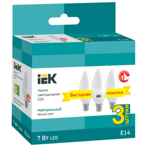 Комплект лампочек светодиодная IEK C35 LLE-C35-07-230-40-E14-3 E14/ 7 Вт/ 4000 K/ 630лм/ White photo 2 Комплект лампочек светодиодная IEK C35 LLE-C35-07-230-40-E14-3 E14/ 7 Вт/ 4000 K/ 630лм/ White photo 2