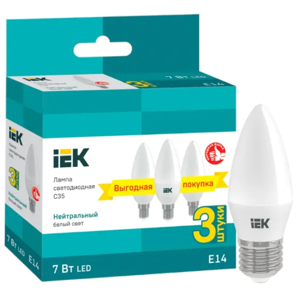 Комплект лампочек светодиодная IEK C35 LLE-C35-07-230-40-E14-3 E14/ 7 Вт/ 4000 K/ 630лм/ White photo 3 Комплект лампочек светодиодная IEK C35 LLE-C35-07-230-40-E14-3 E14/ 7 Вт/ 4000 K/ 630лм/ White photo 3