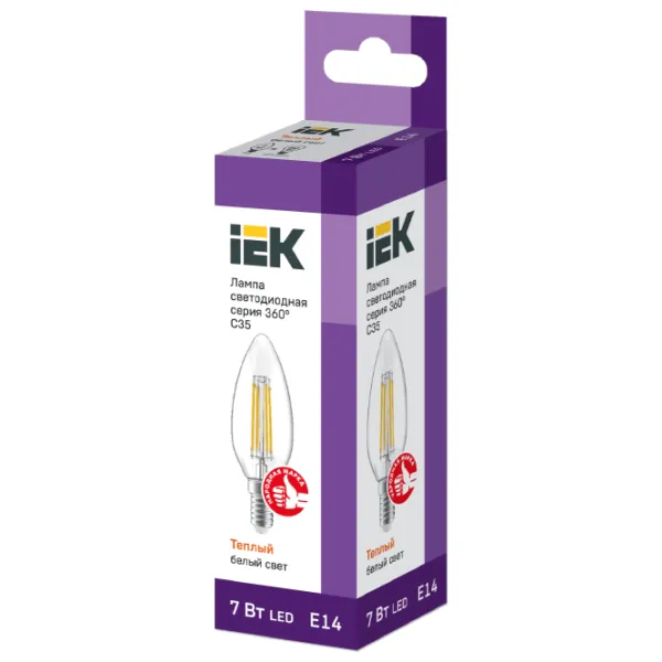 Лампочка светодиодная филаментная IEK C35 LLF-C35-7-230-30-E14-CL E14/ 7 Вт/ 3000 K/ 840лм/ White photo 2