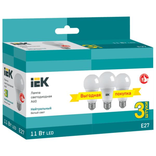 Комплект лампочек светодиодная IEK A60 LLE-A60-11-230-40-E27-3 E27/ 11 Вт/ 4000 K/ 990лм/ White photo 2 Комплект лампочек светодиодная IEK A60 LLE-A60-11-230-40-E27-3 E27/ 11 Вт/ 4000 K/ 990лм/ White photo 2