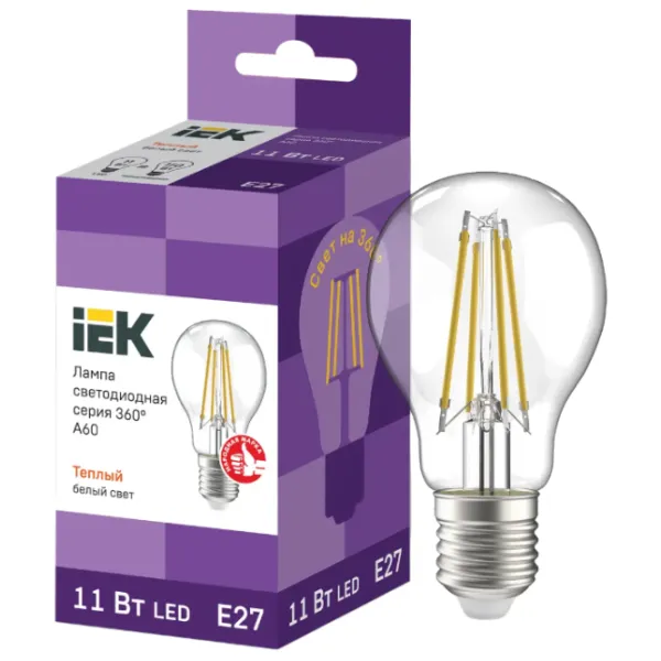 Bec LED cu filament IEK A60 LLF-A60-11-230-30-E27-CL E27/ 11 W/ 3300 K/ 1320lm/ White photo 3 Bec LED cu filament IEK A60 LLF-A60-11-230-30-E27-CL E27/ 11 W/ 3300 K/ 1320lm/ White photo 3