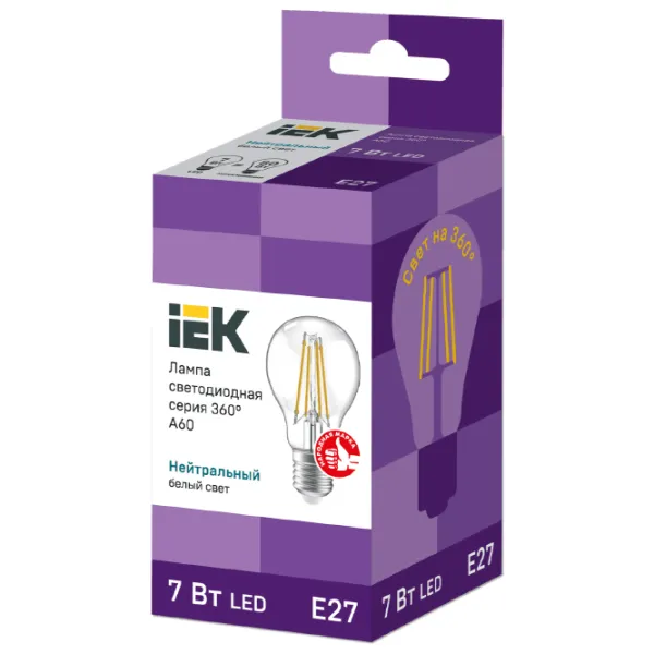 Bec LED cu filament IEK A60 LLF-A60-7-230-40-E27-CL E27/ 7 W/ 4000 K/ 1320lm/ White photo 2 Bec LED cu filament IEK A60 LLF-A60-7-230-40-E27-CL E27/ 7 W/ 4000 K/ 1320lm/ White photo 2