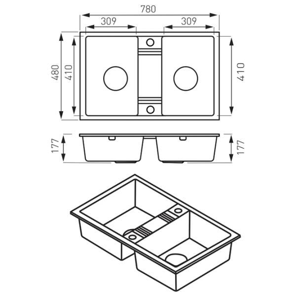 Кухонная мойка Ferro DRGM2 78 x 48 / Искусственный камень / Серый photo 2