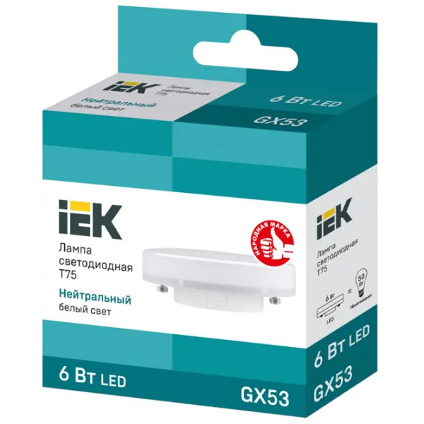 Лампочка светодиодная IEK T75 LLE-T80-6-230-40-GX53 GX53/ 6 Вт/ 3300 K/ 540лм/ White photo 2 Лампочка светодиодная IEK T75 LLE-T80-6-230-40-GX53 GX53/ 6 Вт/ 3300 K/ 540лм/ White photo 2