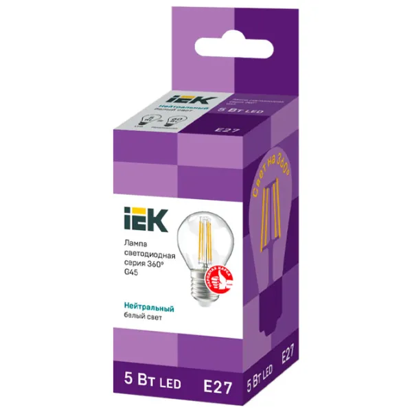 Bec LED cu filament IEK G45 LLF-G45-5-230-40-E27-CL E27/ 5 W/ 4000 K/ 600lm/ White photo 3 Bec LED cu filament IEK G45 LLF-G45-5-230-40-E27-CL E27/ 5 W/ 4000 K/ 600lm/ White photo 3