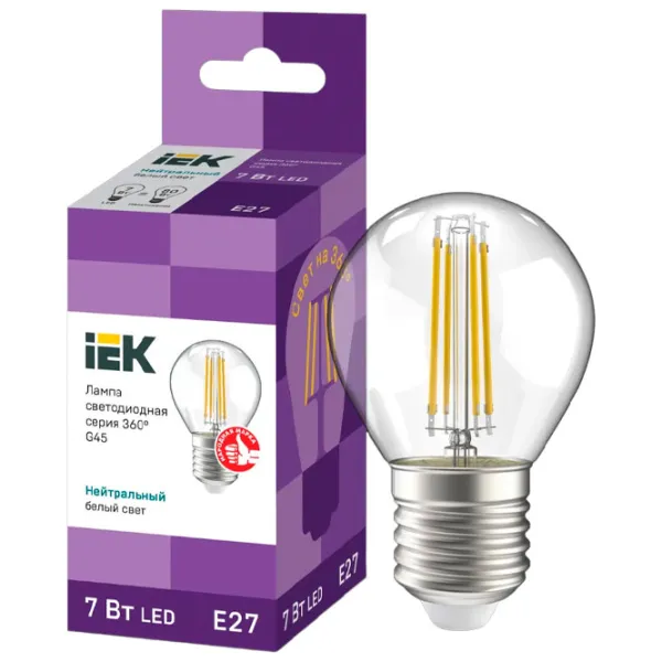 Лампочка светодиодная филаментная IEK G45 LLF-G45-7-230-40-E27-CL E27/ 7 Вт/ 4000 K/ 840лм/ White photo 3 Лампочка светодиодная филаментная IEK G45 LLF-G45-7-230-40-E27-CL E27/ 7 Вт/ 4000 K/ 840лм/ White photo 3