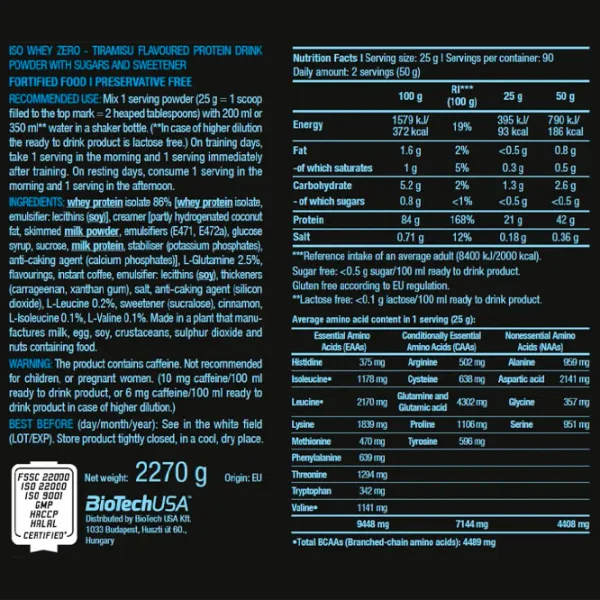 Proteină BioTechUSA Iso Whey Zero 2270 g (5999076223053 ) praf/ Tiramisu photo 2