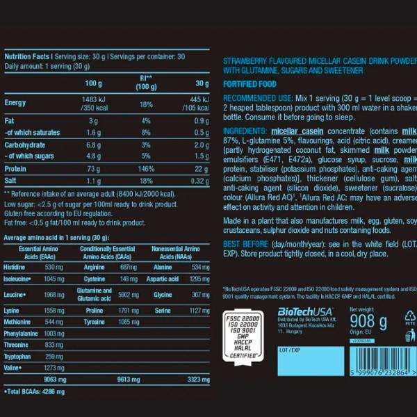 Proteină BioTechUSA Micellar Casein 908 g (5999076232864) praf/ Сăpșuni photo 2 Proteină BioTechUSA Micellar Casein 908 g (5999076232864) praf/ Сăpșuni photo 2