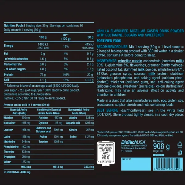 Proteină BioTechUSA Micellar Casein 908 g (5999076232840) praf/ Vanilie photo 2 Proteină BioTechUSA Micellar Casein 908 g (5999076232840) praf/ Vanilie photo 2