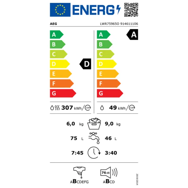 Mașină de spălat cu uscător AEG LWR75965O 9 kg / 1600 rpm / White photo 5