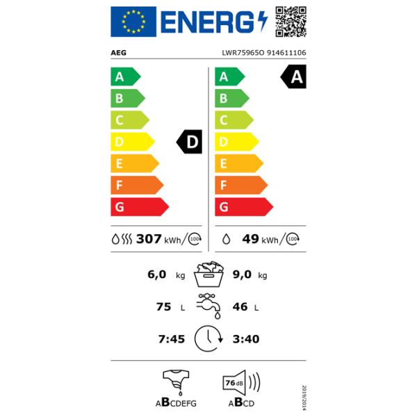 Mașină de spălat cu uscător AEG LWR75965O 9 kg / 1600 rpm / White photo 5