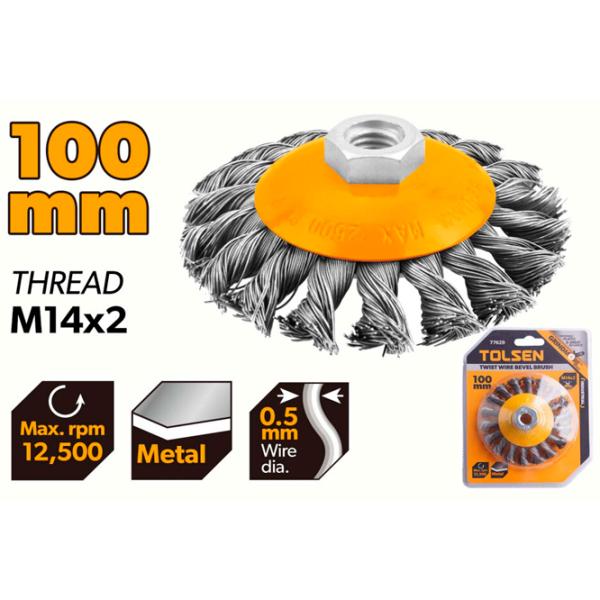 Perie disc din sârmă răsucită Tolsen 77629 100 mm photo 2 Perie disc din sârmă răsucită Tolsen 77629 100 mm photo 2