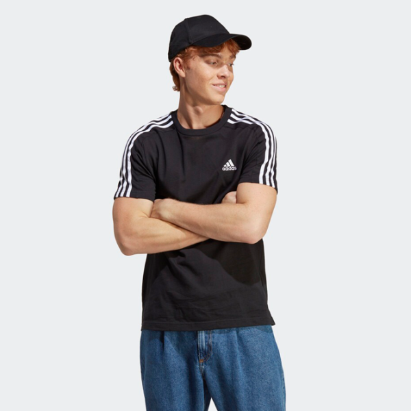 Tricou pentru bărbați Adidas Essential 3 Stripes 70% bumbac, 30% bumbac reciclat/ Black-White photo 2