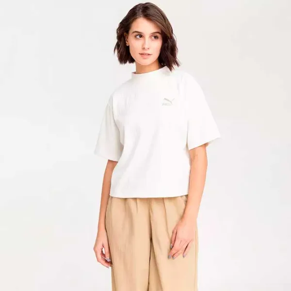 Tricou pentru femei Puma Classics Ribbed Relaxed Mock Neck Tee 38% Bumbac/ Beige photo 3