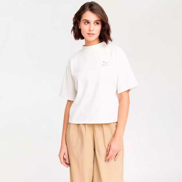 Tricou pentru femei Puma Classics Ribbed Relaxed Mock Neck Tee 38% Bumbac/ Beige photo 3