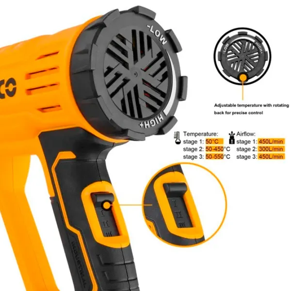 Строительный фен INGCO HG200047 2000 Вт/ Желтый photo 4