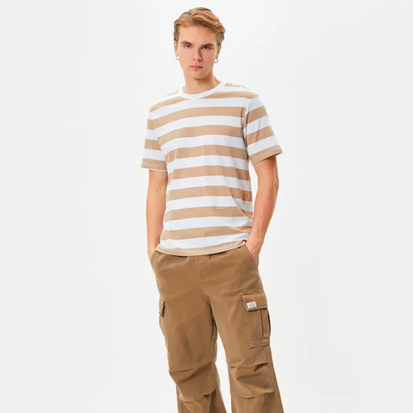 Tricou pentru bărbați Koton 4SAM10302HK 100% bumbac/ Beige Stripe photo 3