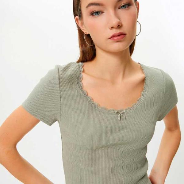 Tricou pentru femei Koton 4SAL10229IK 97% Bumbac/ Khaki photo 2