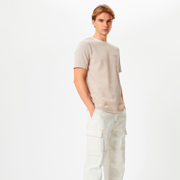 Tricou pentru bărbați Koton 4SAM10280HK 2% viscoza/ Beige Stripe photo 3