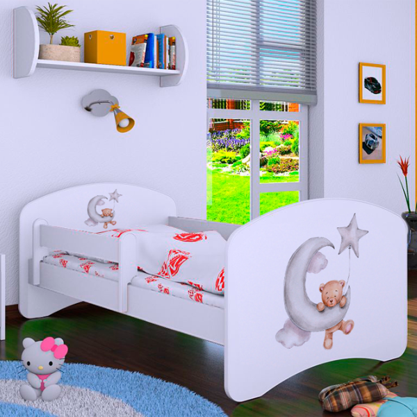 Pat pentru copii Happy Babies Happy Bear and Moon L03 80 x 160 cm/ Placa/ White photo 2
