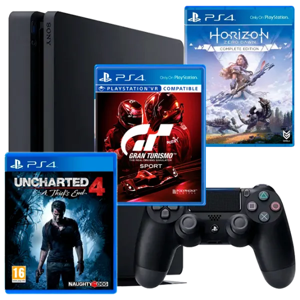 Sony Playstation 4 Slim + Gran Turismo Sport + Uncharted 4 + Horizon Zero Dawn Черный photo 1