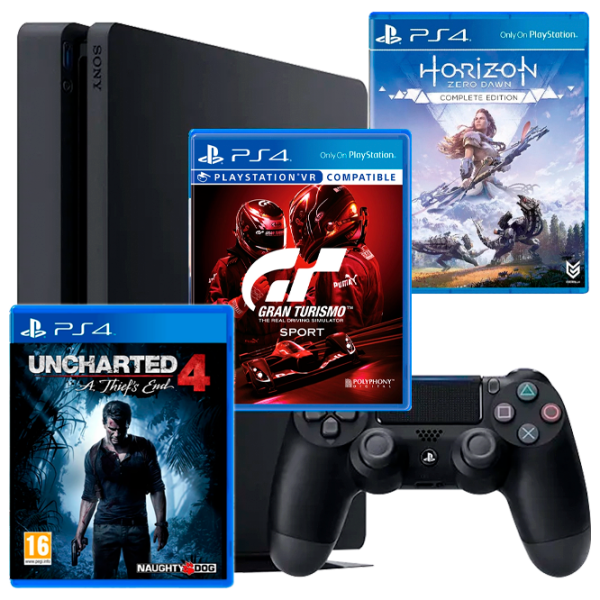 Sony Playstation 4 Slim + Gran Turismo Sport + Uncharted 4 + Horizon Zero Dawn Черный photo 1