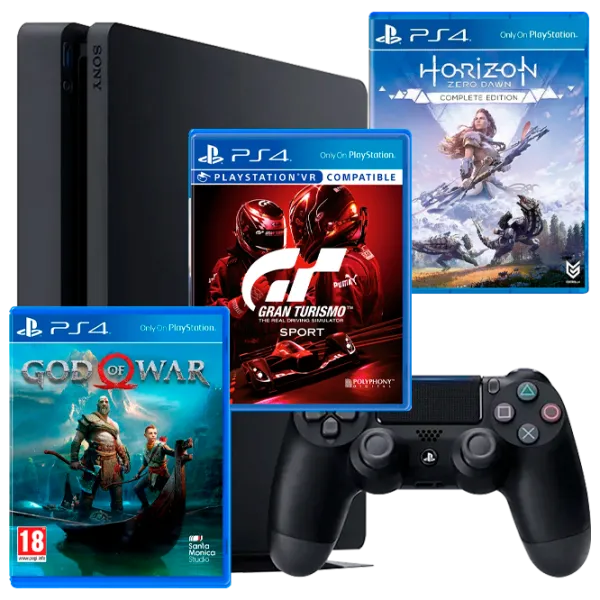 Sony Playstation 4 Slim + Horizon Zero Dawn + Gran Turismo Sport + God Of War Черный photo 1