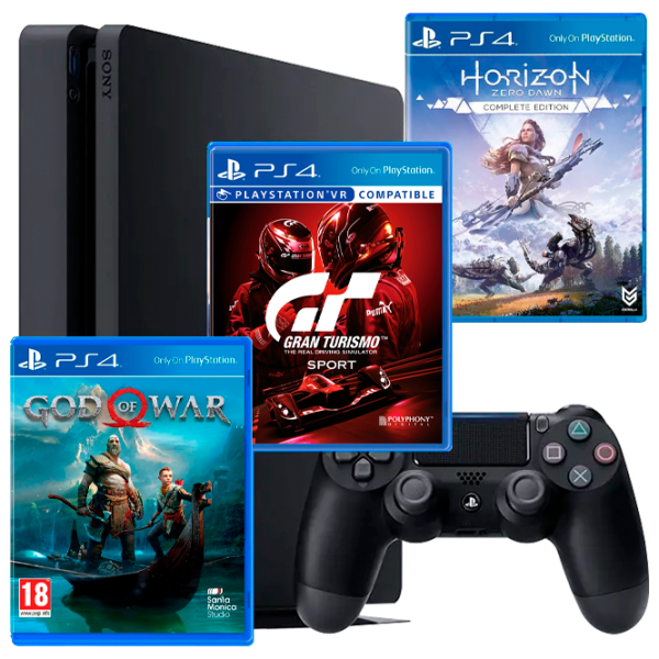 Sony Playstation 4 Slim + Horizon Zero Dawn + Gran Turismo Sport + God Of War Черный photo 1