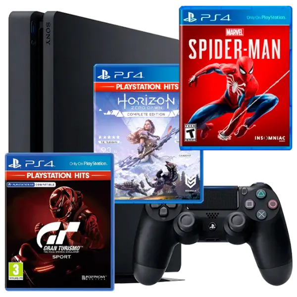 Sony Playstation 4 Slim + Marvel's Spider-Man + Horizon Zero Dawn + GT Sport  / Black photo 1 Sony Playstation 4 Slim + Marvel's Spider-Man + Horizon Zero Dawn + GT Sport  / Black photo 1