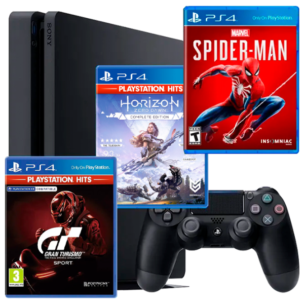 Sony Playstation 4 Slim + Marvel's Spider-Man + Horizon Zero Dawn + GT Sport  / Black photo 1 Sony Playstation 4 Slim + Marvel's Spider-Man + Horizon Zero Dawn + GT Sport  / Black photo 1
