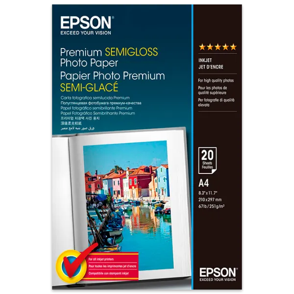 Фотобумага для принтеров Струйный Epson Premium Semigloss Photo Paper 251 г/ м² (20 листов) Полуглянец/ A4/ Белый photo 1 Фотобумага для принтеров Струйный Epson Premium Semigloss Photo Paper 251 г/ м² (20 листов) Полуглянец/ A4/ Белый photo 1