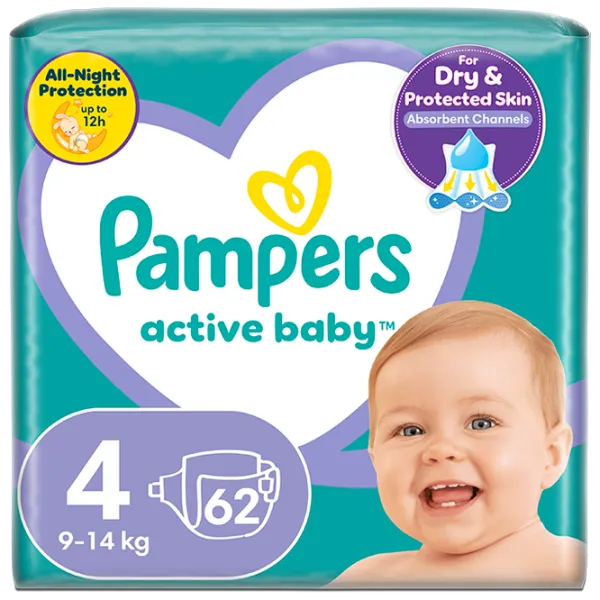 Scutece pentru copii Pampers Active Baby Jumbo Maxi 4 9 - 14 kg / 62 buc. photo 1