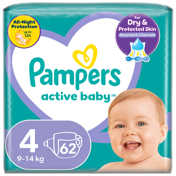 Scutece pentru copii Pampers Active Baby Jumbo Maxi 4 9 - 14 kg / 62 buc. photo 1