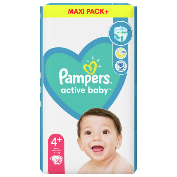 Scutece pentru copii Pampers Active Baby Jumbo Plus Maxi+ 4 10 - 15 kg / 58 buc. photo 1