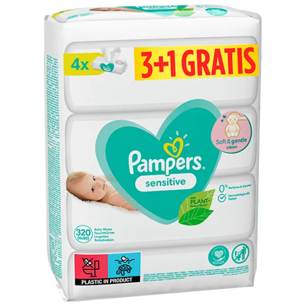 Șervețele umede Pampers Sensitive 3+1 x 80 pentru bebeluși photo 1