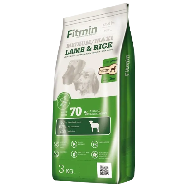 Hrană pentru câini uscată Fitmin Medium maxi 3 kg/ Miel, orez photo 1