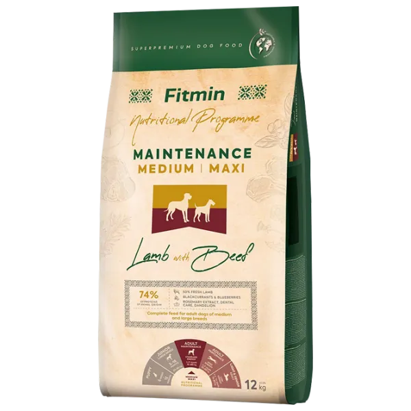 Hrană pentru câini uscată Fitmin Medium-Maxi întreținere 12 kg/ Miel, vită photo 1 Hrană pentru câini uscată Fitmin Medium-Maxi întreținere 12 kg/ Miel, vită photo 1