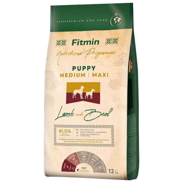 Корм для собак сухой Fitmin Medium-Maxi щенок 12 кг/ Ягненок, говядина photo 1